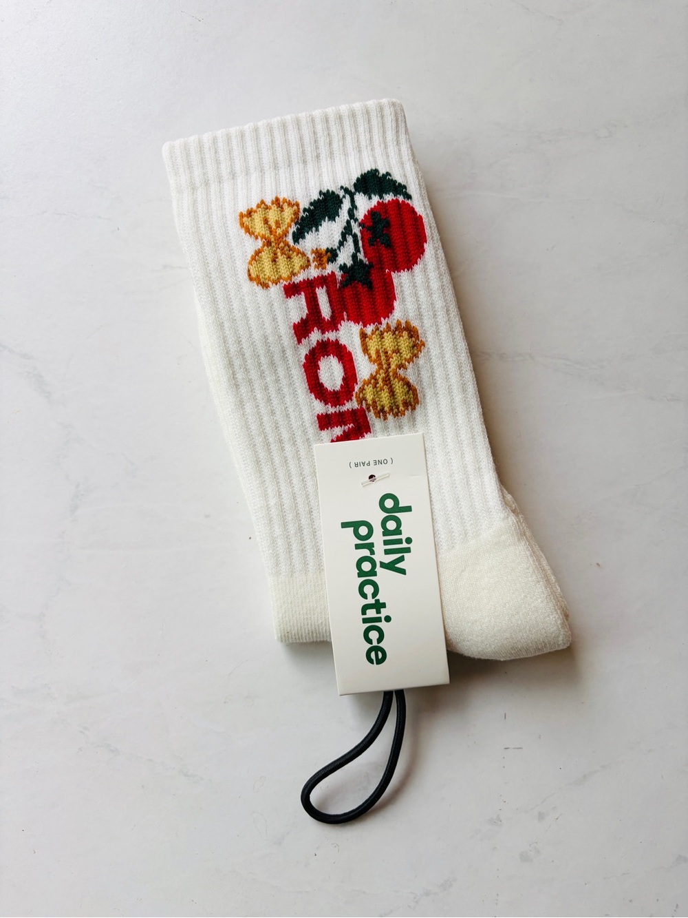 Anthropologie White Crew Socks with Red Fruit and Yellow Accents